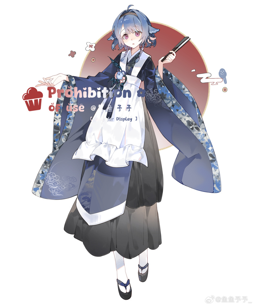 absurdres, ahoge, apron, black_skirt, blue_hair, brooch, chinese_clothes, full_body, gradient_hair, hanfu, highres, japanese_flag, jewelry, jiaoling_ruqun, multicolored_hair, okobo, original, overskirt, sandals, skirt, tabi, violet_eyes, weichang, white_apron, yu_yu_kanegane