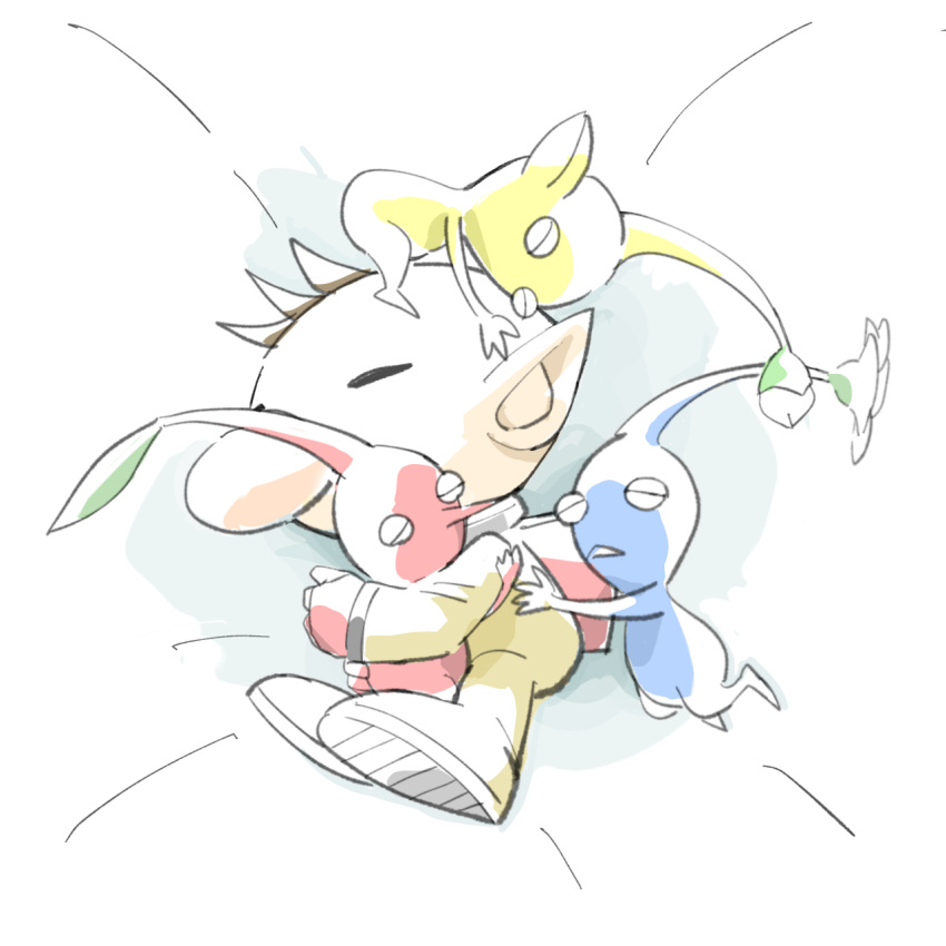1boy, backpack, bag, big_nose, blue_pikmin, blue_skin, brown_hair, bud