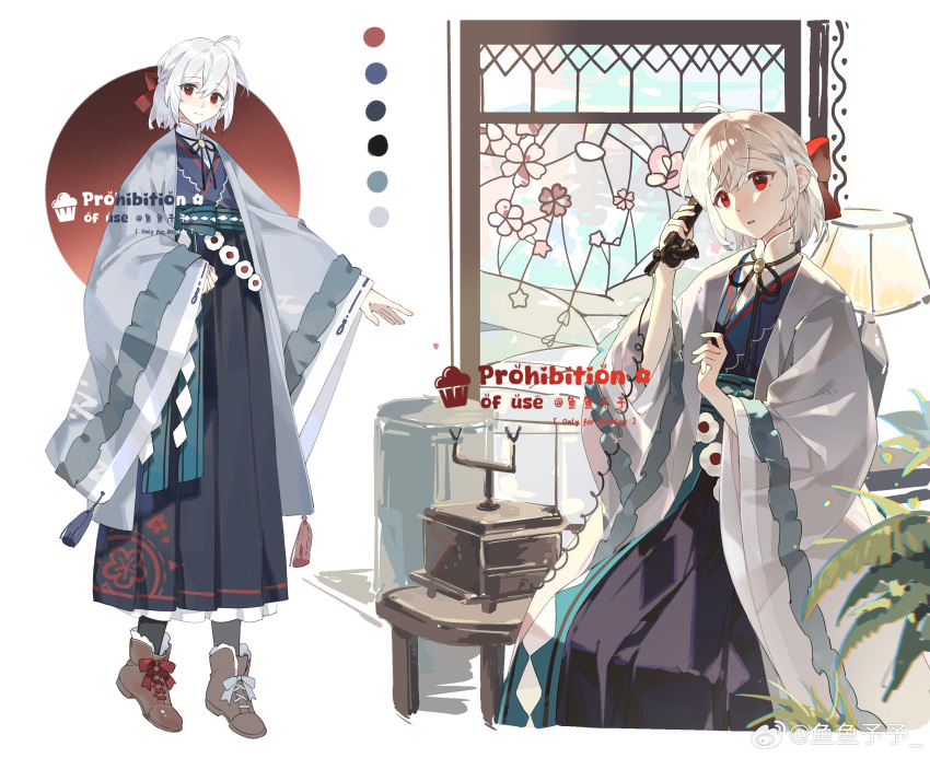 1girl, albino, antique_phone, bob_cut, boots, bow, chinese_clothes, chinese_commentary, corded_phone, full_body, hair_bow, hanfu, highres, jiaoling_ruqun, mandarin_collar, multiple_views, original, pale_skin, phone, pleated_skirt, red_bow, red_eyes, sitting, skirt, white_hair, window, yu_yu_kanegane