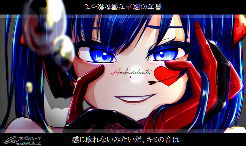 1girl, absurdres, ambivalence_(module), blue_eyes, blue_hair, chromatic_aberration, commentary_request, dated, facial_mark, gloves, grin, hatsune_miku, heart, heart_facial_mark, highres, looking_at_viewer, pontaromaru, red_gloves, red_lips, signature, smile, solo, teeth, translation_request, twintails, vocaloid