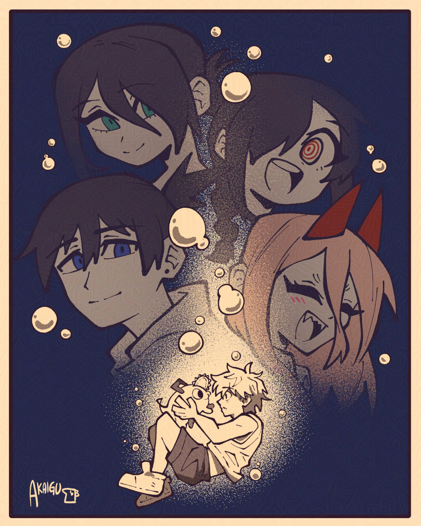 2boys, 3girls, absurdres, akaiguarts, artist_name, black_hair, black_shorts, blonde_hair