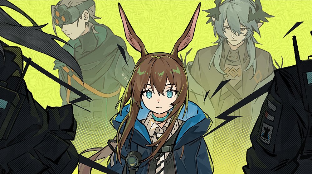 2girls, 3boys, :|, abstract_background, ace_(arknights), amiya_(act_2)_(arknights), amiya_(arknights), animal_ears