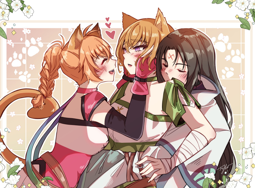 1boy, 2girls, absurdres, animal_ears, animal_hands, belt, blush, braid, brown_belt, cat_ears, cat_girl, cat_paws, cat_tail, choker, collar, commission, commissioner_upload, facepaint, facial_mark, fire_emblem, fire_emblem:_path_of_radiance, fire_emblem:_radiant_dawn, flower, forehead_mark, fukosshi, green_choker, green_collar, hand_guard, hands_on_another's_face, heart, highres, hug, hug_from_behind, laguz_(fire_emblem), lethe, lethe_(fire_emblem), lyre_(fire_emblem), multiple_girls, open_mouth, orange_tail, robe, sandwiched, siblings, sisters, soren, soren_(fire_emblem), soren_(radiant_confidant)_(fire_emblem), tail, twins, violet_eyes, whisker_markings, wrist_wrap