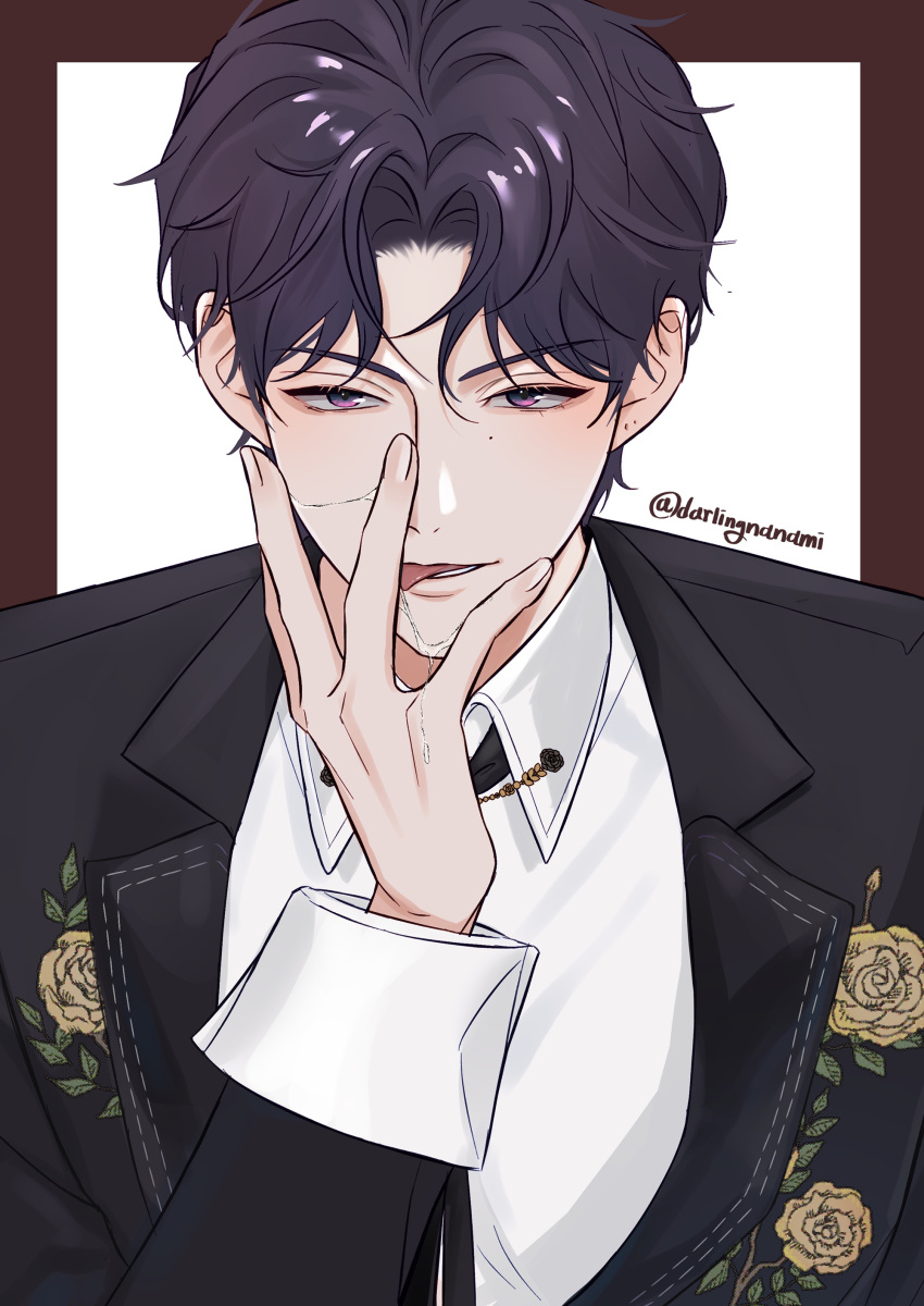 1boy, absurdres, artist_name, black_coat, border, brown_border, coat, collared_coat