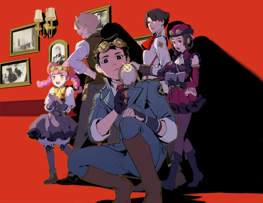 2girls, 3boys, absurdres, ace_attorney, ankle_boots, ascot, belt, black_footwear