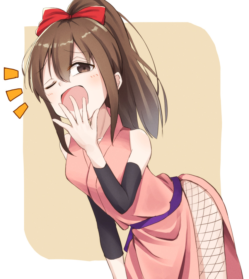 1girl, bow, brown_eyes, brown_hair, covering_own_mouth, detached_sleeves, fishnets, hair_bow