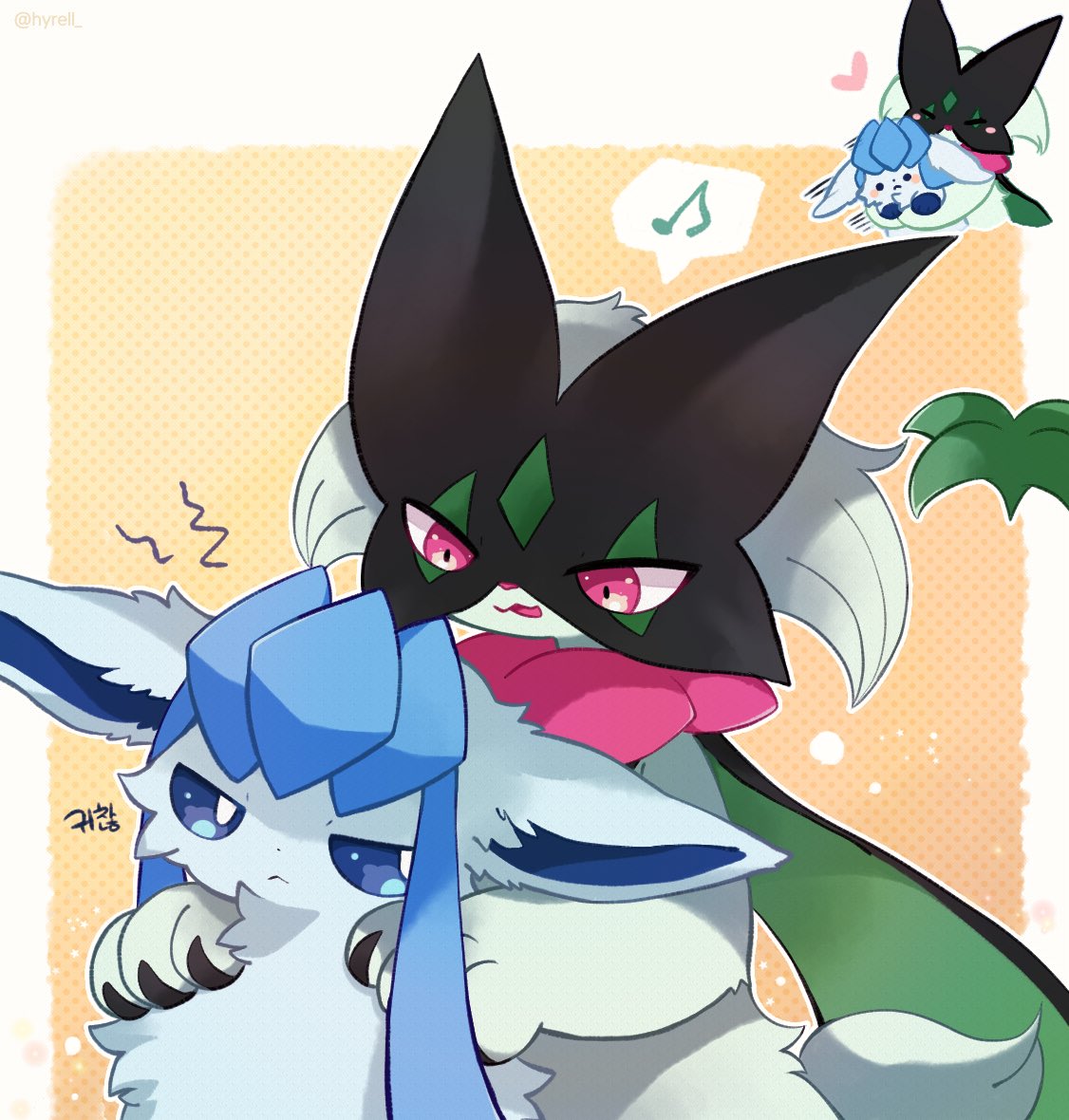 blue_eyes, blue_hair, bright_pupils, cape, closed_mouth, furry, glaceon, heart, hyrell, mask, meowscarada, musical_note, open_mouth, pink_eyes, pokemon, pokemon_(creature), sidelocks, smile, tail, white_pupils