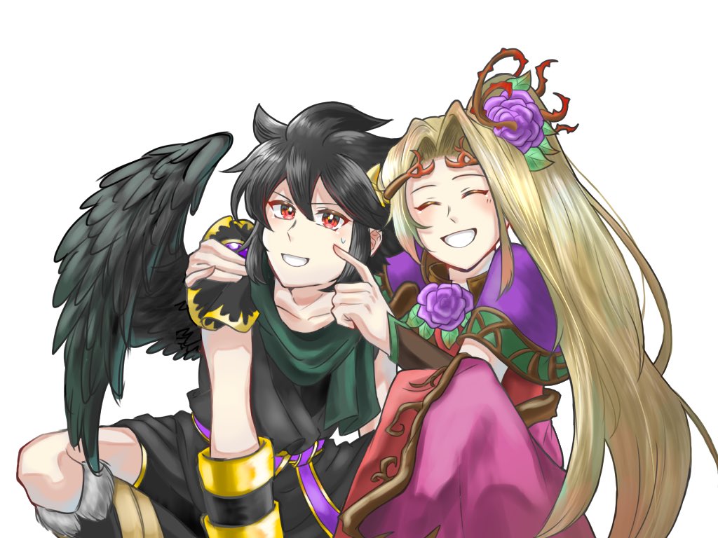 1boy, 1girl, angel, angel_wings, black_hair, blonde_hair, closed_eyes, collarbone