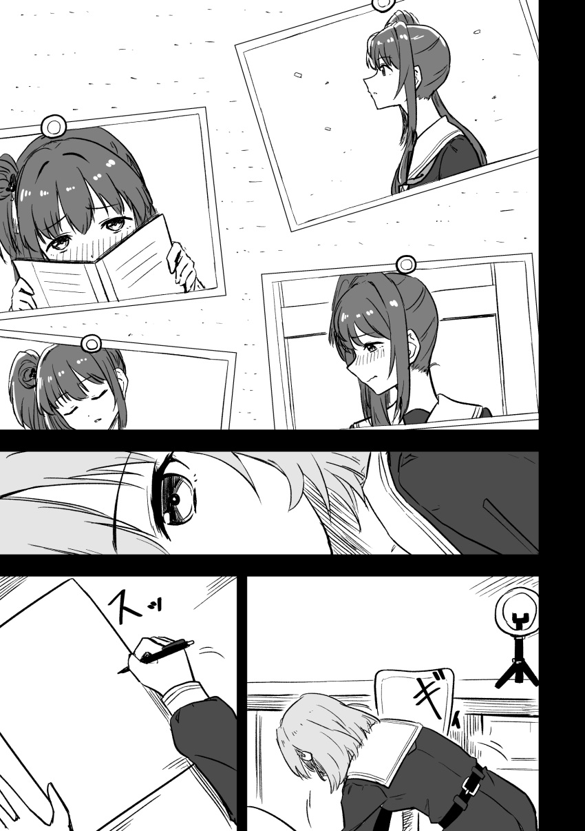 1girl, ?, absurdres, bulletin_board, cerise_bouquet, commentary_request, crossed_bangs, dress