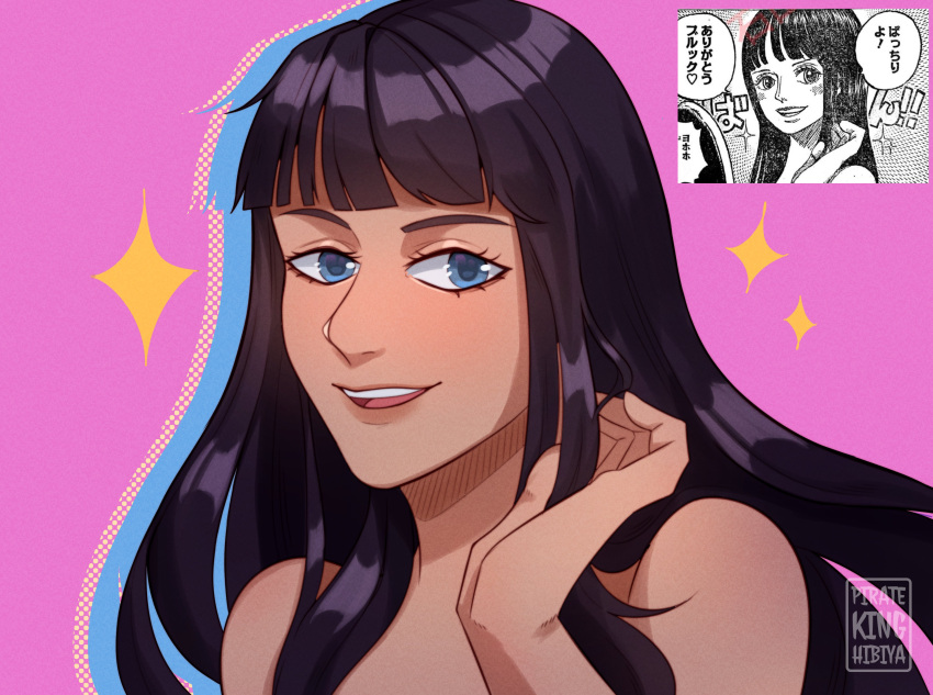 1girl, absurdres, bare_shoulders, black_hair, blue_eyes, blunt_bangs, colored_shadow, commentary, english_commentary, highres, long_hair, nico_robin, one_piece, photo-referenced, pink_background, pkhibiya, shadow, simple_background, smile, solo, sparkle, teeth, upper_body, upper_teeth_only, watermark