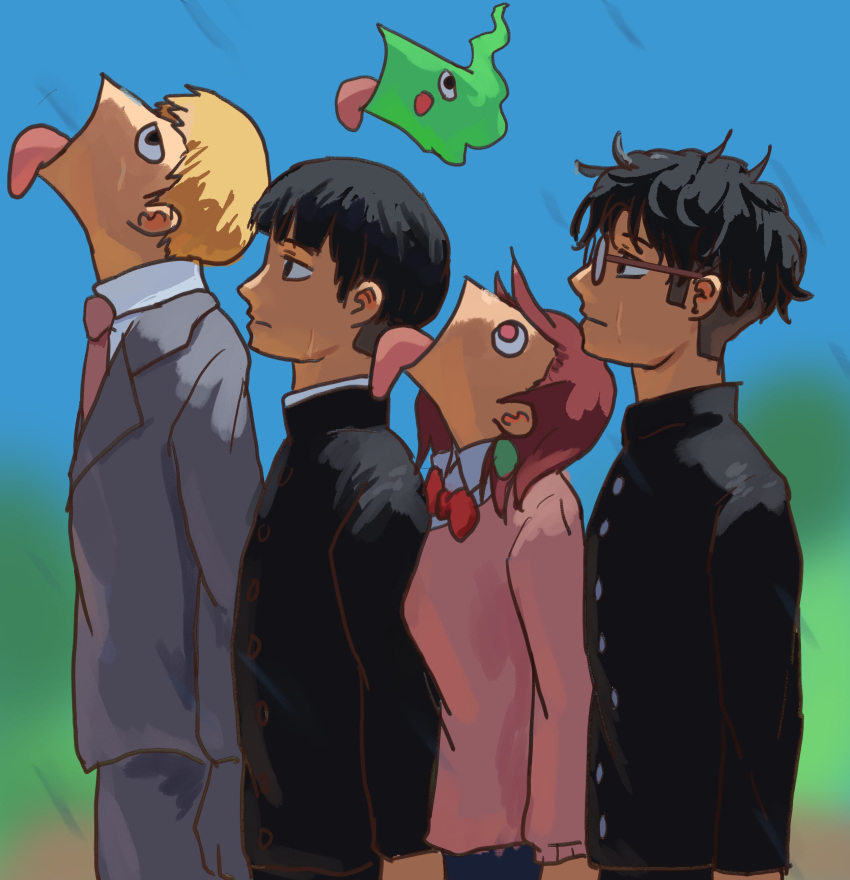 1girl, 3boys, absurdres, ayase_momo, black_hair, blonde_hair, bowl_cut, brown_hair, crossover, dandadan, earrings, ekubo_(mob_psycho_100), gakuran, glasses, goku_and_vegeta_in_the_rain_(meme), highres, jewelry, kageyama_shigeo, meme, mob_psycho_100, multiple_boys, pink_sweater, pluvion, reigen_arataka, round_eyewear, school_uniform, spirit, suit, sweater, takakura_ken_(dandadan)