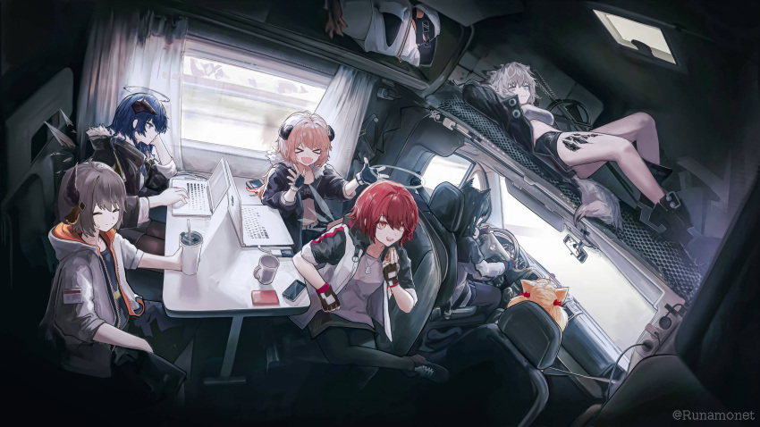 >_<, 2boys, 6+girls, apple_pie, arknights, bird, bison_(arknights), blue_eyes