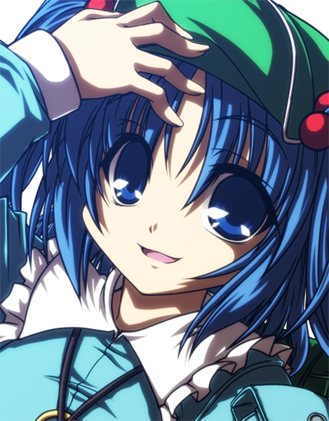 blue_eyes, blue_hair, elehime, hair_bobbles, hair_ornament, hat, kawashiro_nitori, key