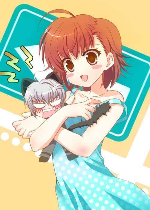 ahoge, albino, angry, animal_ears, bare_shoulders, blush, brown_eyes, brown_hair