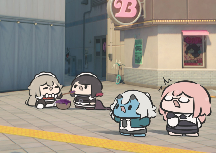 4girls, ^^^, alexandrina_sebastiane, bad_food, black_hair, blue_horns, blue_oni, blue_skin