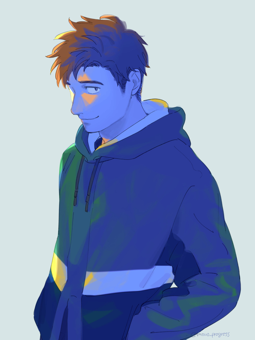 1boy, alex_(stardew_valley), brown_hair, closed_mouth, cowboy_shot, drawstring, grey_background, hand_in_pocket