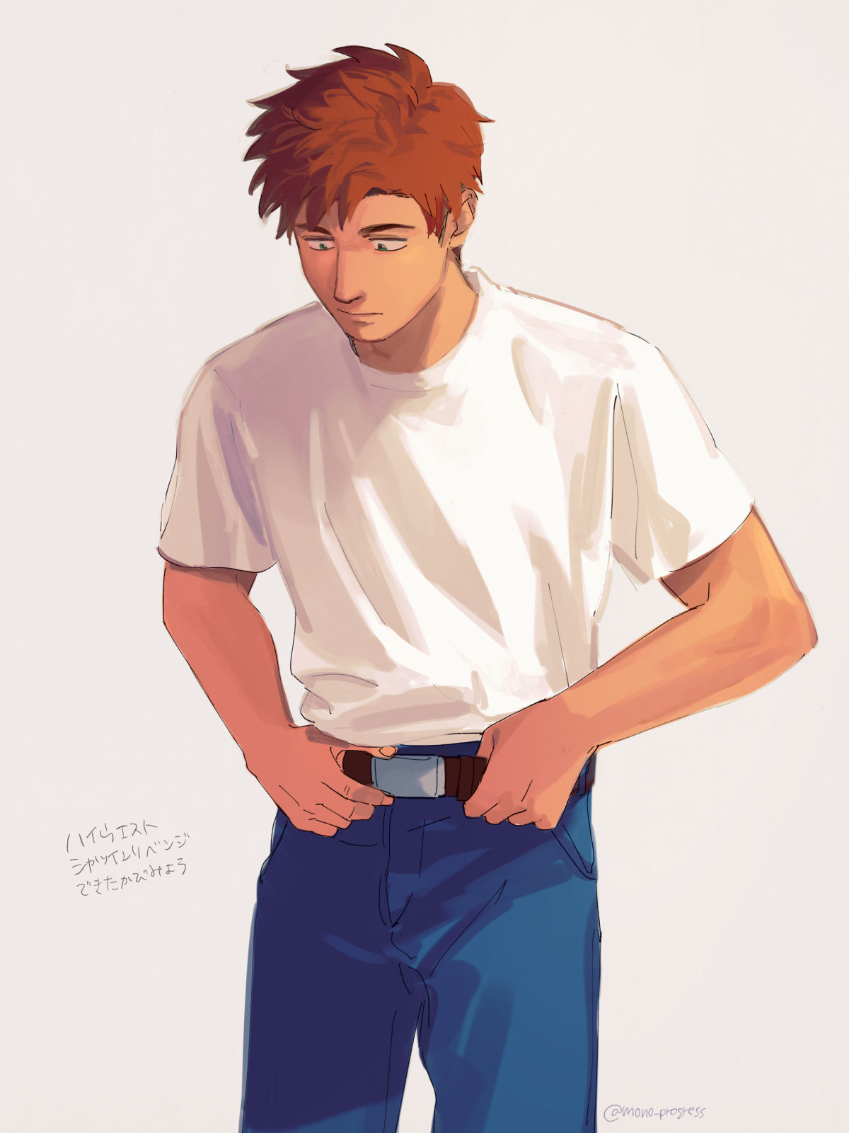 1boy, alex_(stardew_valley), belt, belt_buckle, black_belt, blue_pants, brown_hair, buckle