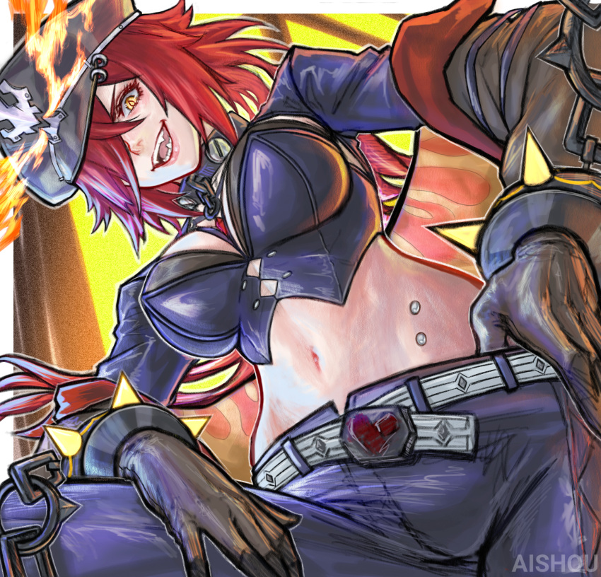 1girl, absurdres, ai_shou, artist_name, belt, black_collar, black_gloves, bracelet, breasts, caterina_(honkai:_star_rail), chain, close-up, collar, crop_top, detached_sleeves, english_commentary, fangs, fire, from_below, gloves, hair_over_one_eye, hand_on_own_hip, hand_on_own_thigh, hat, head_tilt, highres, honkai:_star_rail, honkai_(series), indoors, jewelry, large_breasts, long_hair, long_sleeves, looking_at_viewer, looking_down, navel, open_mouth, pants, piercing, redhead, solo, spiked_bracelet, spikes, stomach, wavy_hair, yellow_eyes