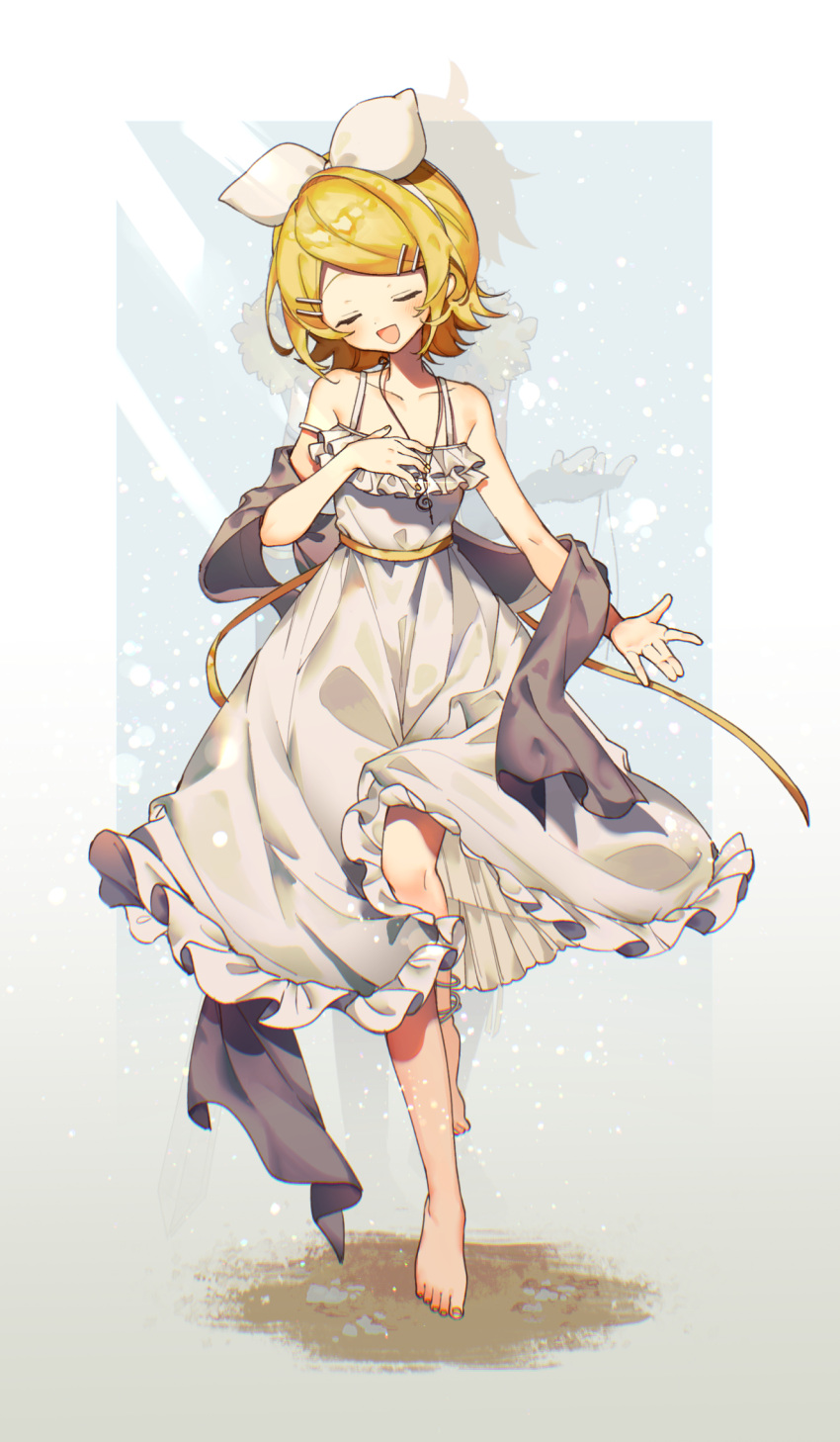 1boy, 1girl, :d, alternate_costume, anklet, back-to-back, bare_arms, barefoot