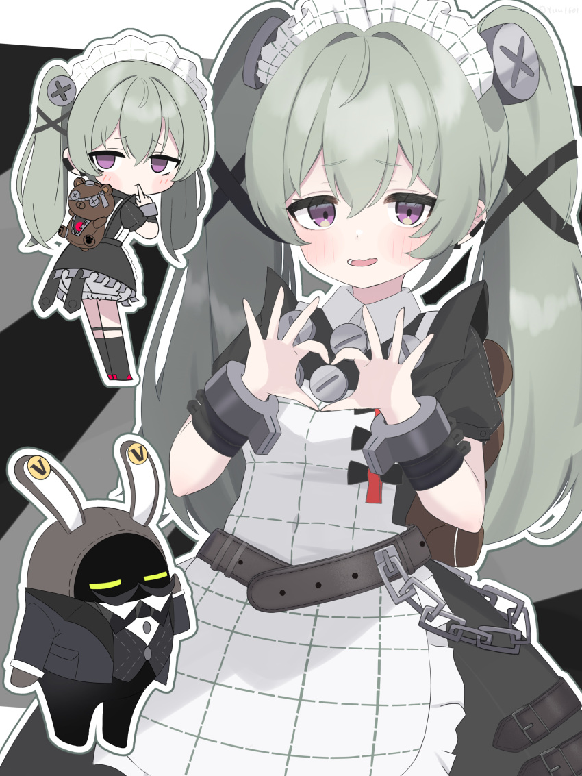 1girl, absurdres, animal_bag, apron, bangboo_(zenless_zone_zero), bear_bag, belt, black_dress