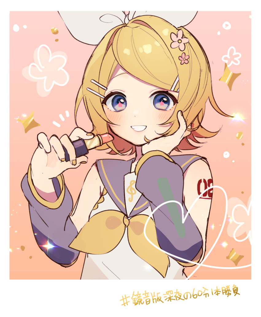 1girl, applying_makeup, arm_tattoo, arm_warmers, bare_shoulders, blonde_hair, blue_eyes, blush