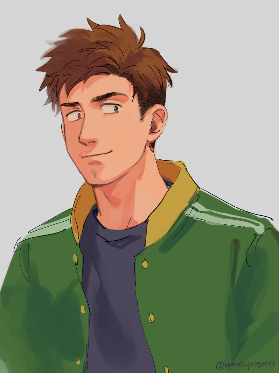 1boy, alex_(stardew_valley), black_shirt, brown_hair, buttons, closed_mouth, collared_jacket, green_jacket
