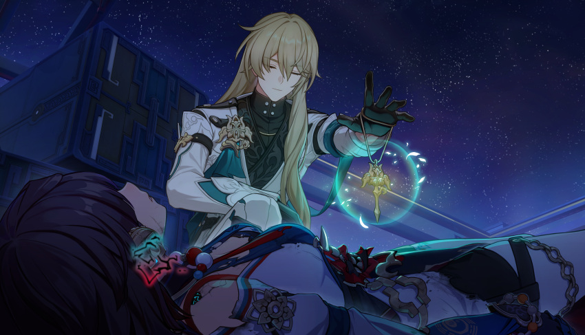 1boy, 1girl, absurdres, bad_link, bare_shoulders, bead_necklace, beads, black_gloves