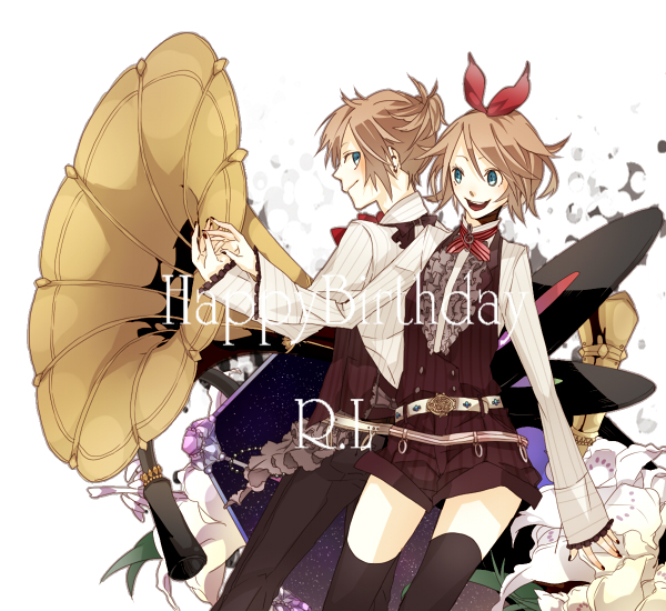 blonde_hair, brother_and_sister, hair_ribbon, kagamine_len, kagamine_rin, phonograph, ribbon, saikawa_(0902k137)