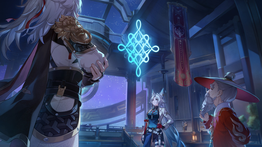 1girl, 2boys, absurdres, animal_ears, arm_behind_back, armor, bad_link, beard