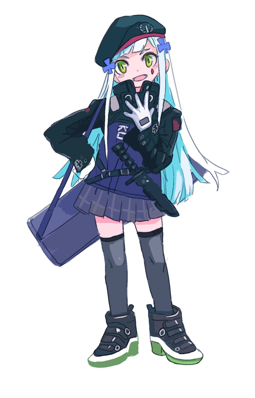 1girl, bad_id, bad_pixiv_id, bag, beret, black_sleeves, black_thighhighs, blue_hair