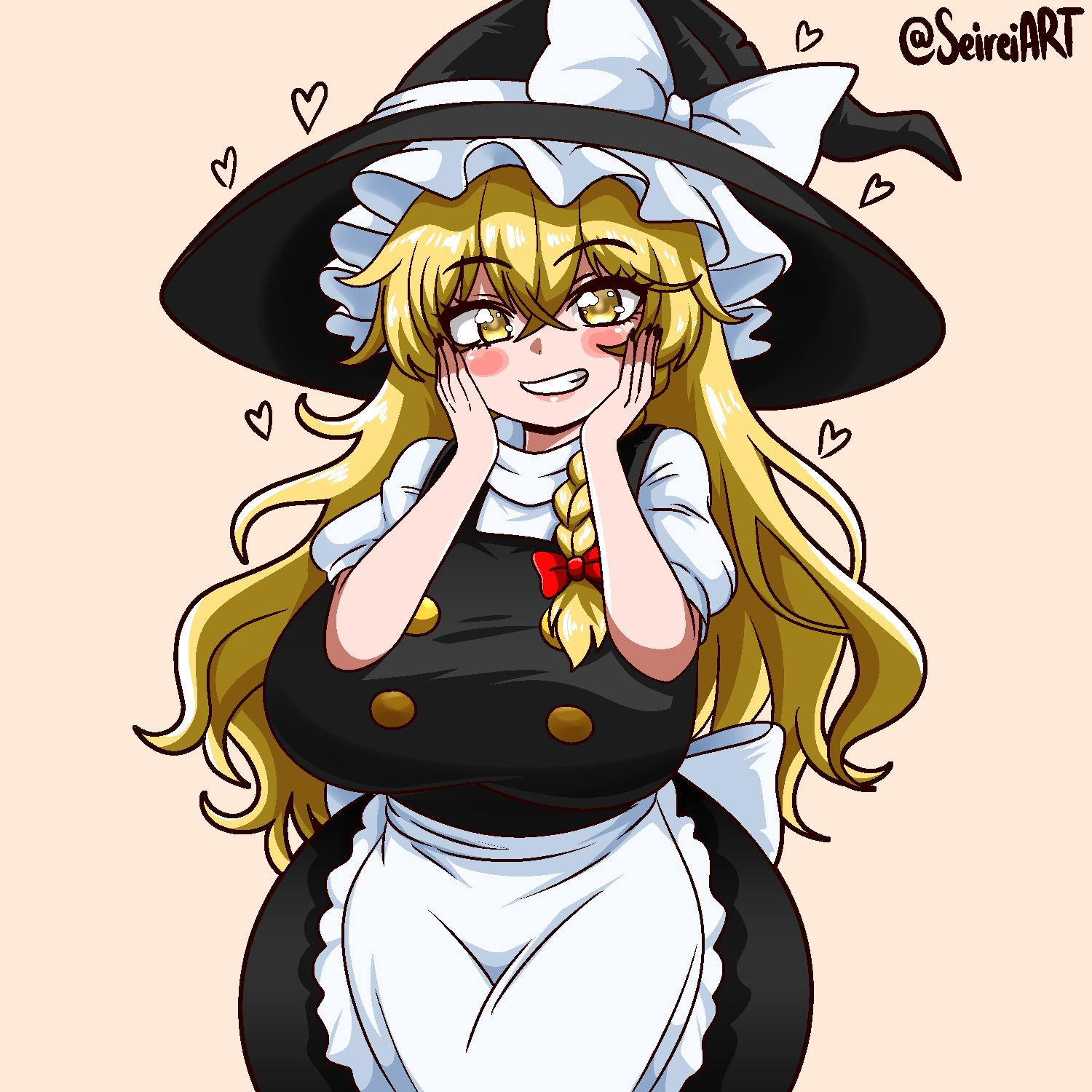 1girl, apron, blonde_hair, blush, breasts, hair_ribbon, hand_on_own_face, hat, heart, highres, huge_breasts, kirisame_marisa, long_hair, looking_at_viewer, ribbon, seireiart, shirt, short_sleeves, simple_background, skirt, solo, touhou, twitter_username, yellow_background
