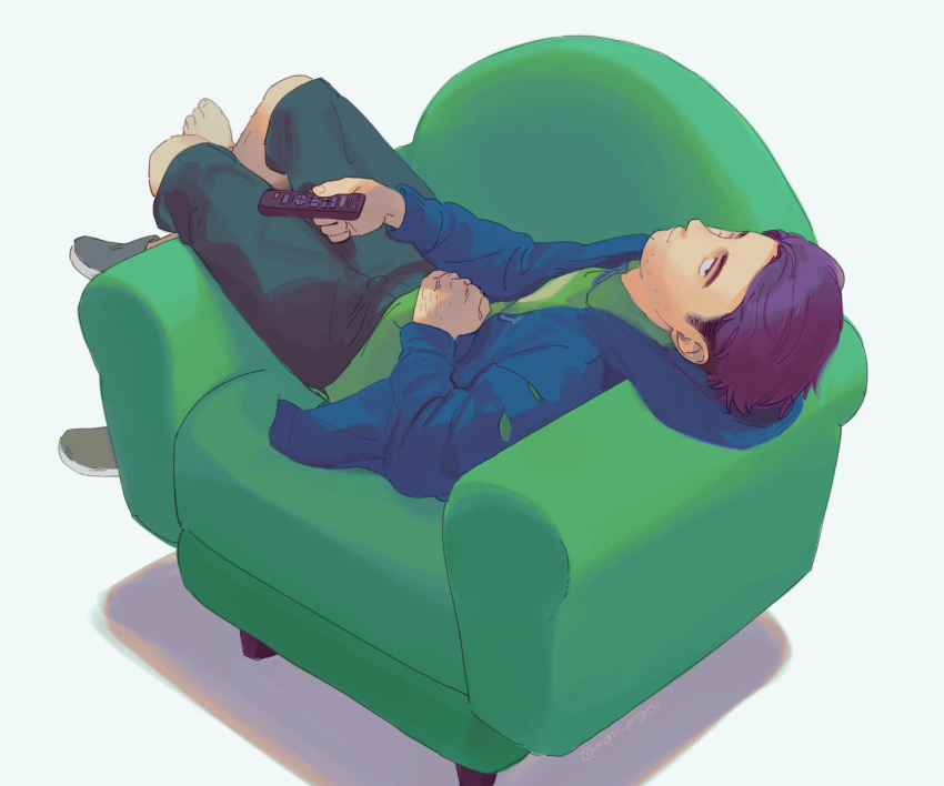 1boy, arm_across_waist, barefoot, black_footwear, black_hair, blue_hoodie, chair, controller