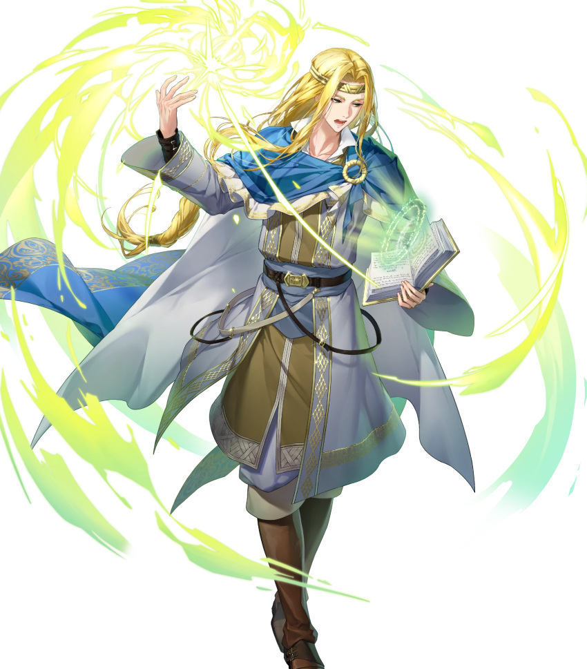 1boy, blonde_hair, blue_cape, blue_eyes, book, braid, braided_ponytail, cape