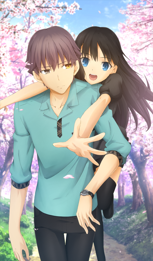 1boy, 1girl, aqua_shirt, black_hair, black_pants, black_shirt, black_thighhighs, blue_eyes