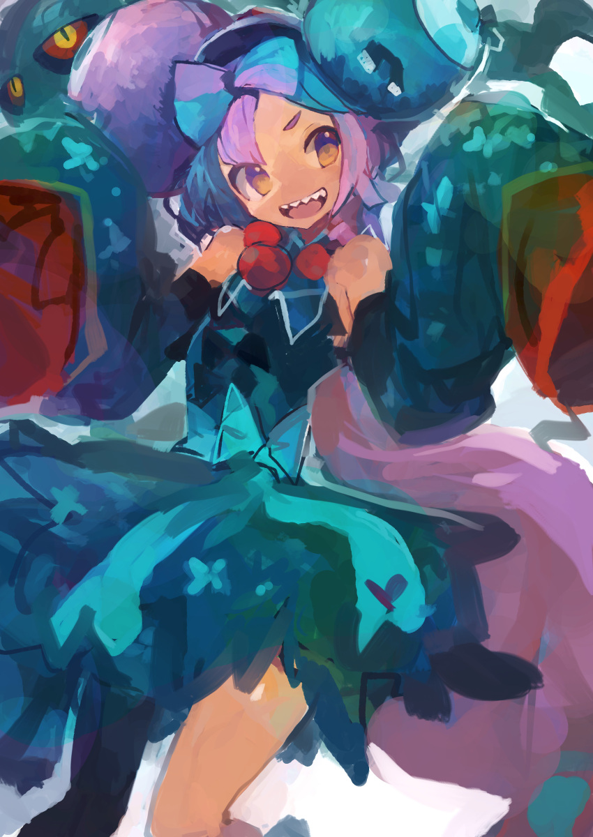 1girl, absurdres, blue_dress, blue_hair, bow-shaped_hair, character_hair_ornament, commentary, detached_sleeves