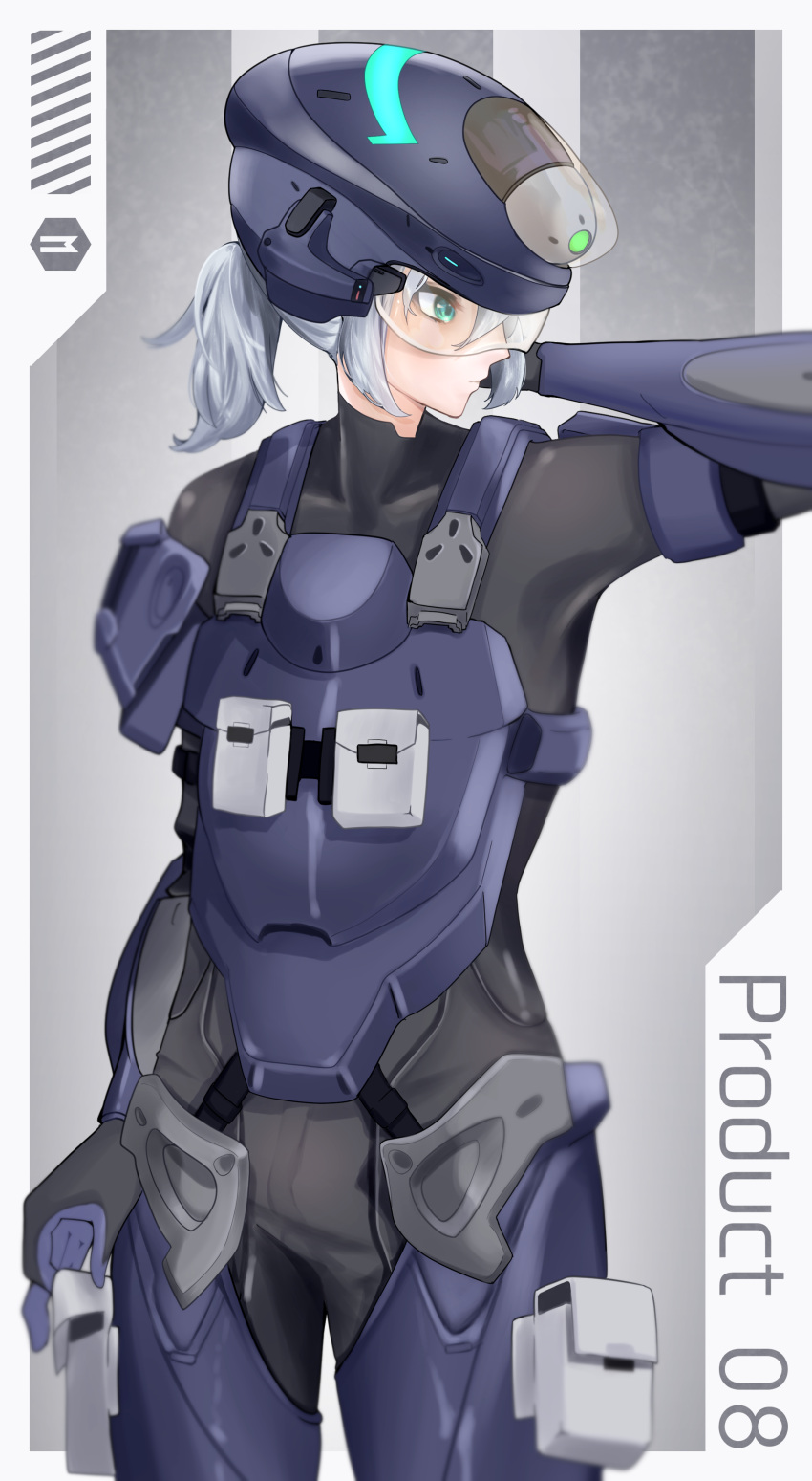 1girl, absurdres, androgynous, android, arm_behind_head, armor, armor_strap, armored_bodysuit, black_bodysuit, black_gloves, blue_armor, blue_gloves, blue_helmet, bodysuit, breastplate, character_name, closed_mouth, commentary_request, english_text, eyelashes, gloves, goddess_of_victory:_nikke, gradient_background, green_eyes, grey_background, grey_hair, helmet, highres, leg_armor, looking_to_the_side, medium_hair, outside_border, ponytail, pouch, product_08_(nikke), radial_gradient_background, sake-sakanaya, science_fiction, shoulder_armor, sidelocks, solo, strap, thigh_pouch, two-tone_gloves, white_pouch