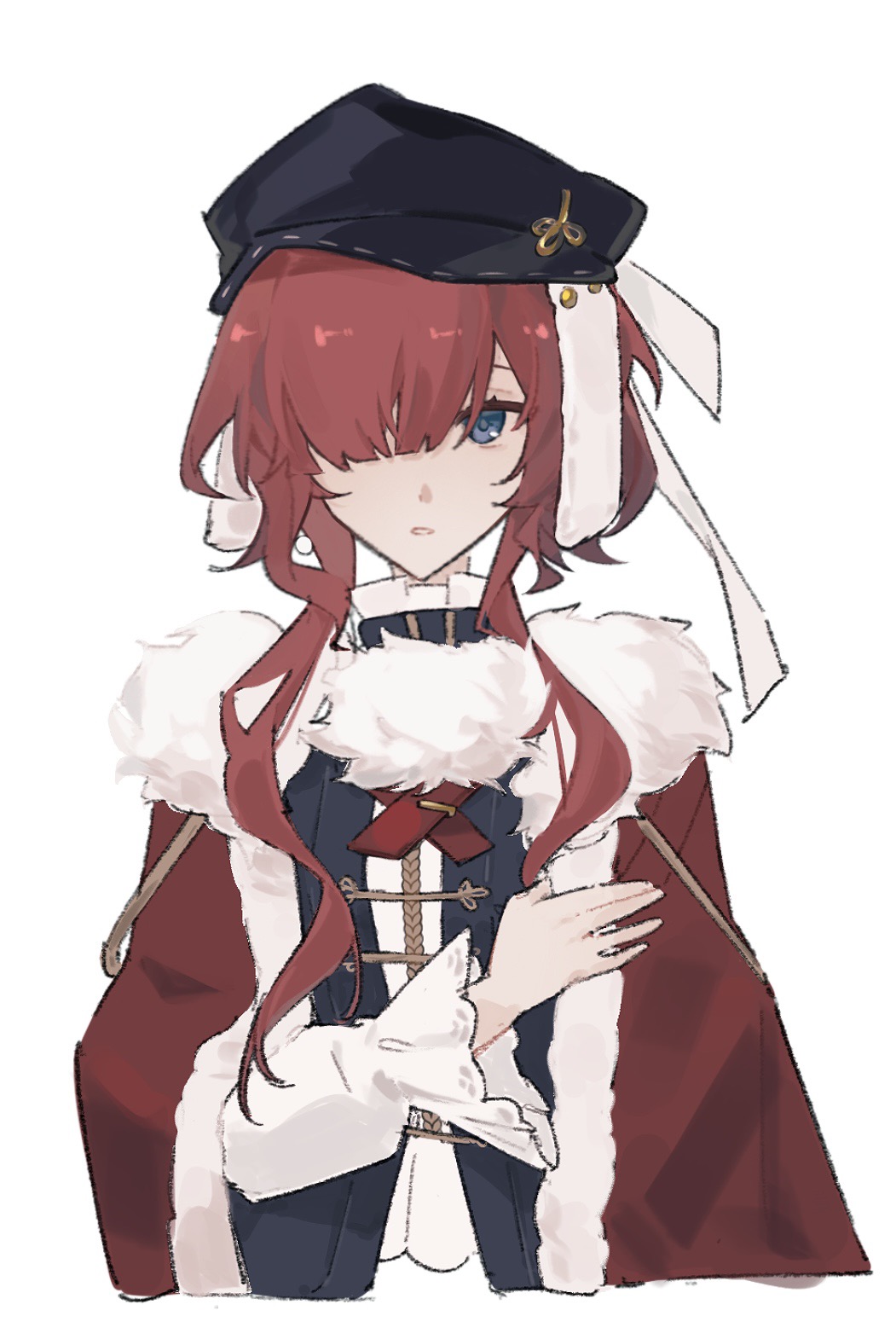 1girl, black_hat, black_vest, blue_eyes, cabbie_hat, cape, cross_tie, fur-trimmed_cape