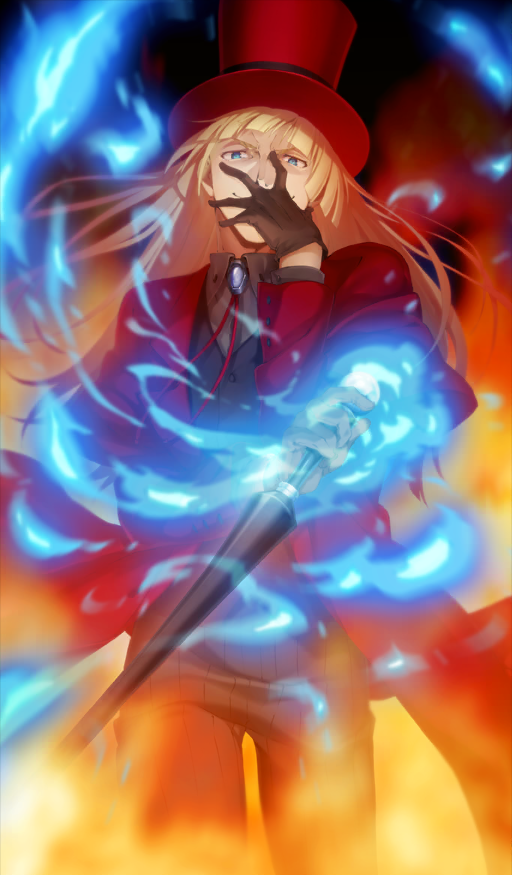 >:), 1boy, black_gloves, black_pants, black_vest, blonde_hair, blue_eyes, blue_fire