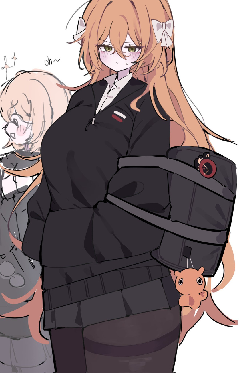 2girls, a73398190, black_skirt, black_sweater, brown_pantyhose, clock, collared_shirt, dante_(limbus_company), don_quixote_(project_moon), fire, highres, ishmael_(project_moon), limbus_company, long_sleeves, multiple_girls, object_head, pantyhose, project_moon, shirt, simple_background, skirt, sweater, white_background, white_shirt
