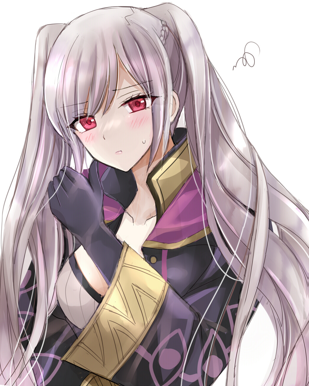 1girl, arm_up, black_gloves, black_jacket, breasts, collared_jacket, commentary_request, elbow_gloves
