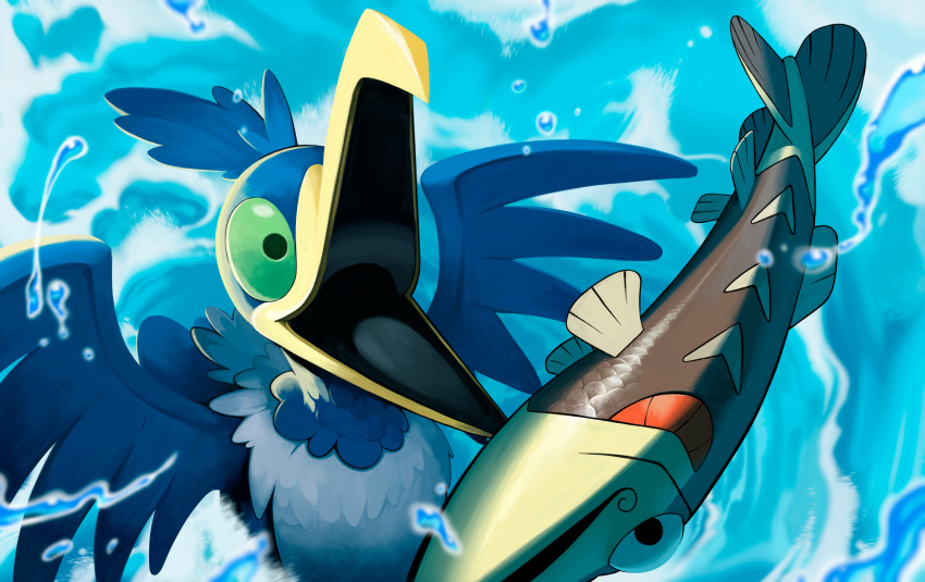 absurdres, animal_focus, arrokuda, bird, black_eyes, blurry, commentary_request, cramorant, fish, green_eyes, highres, inkarat, no_humans, open_mouth, pokemon, pokemon_(creature), water_drop