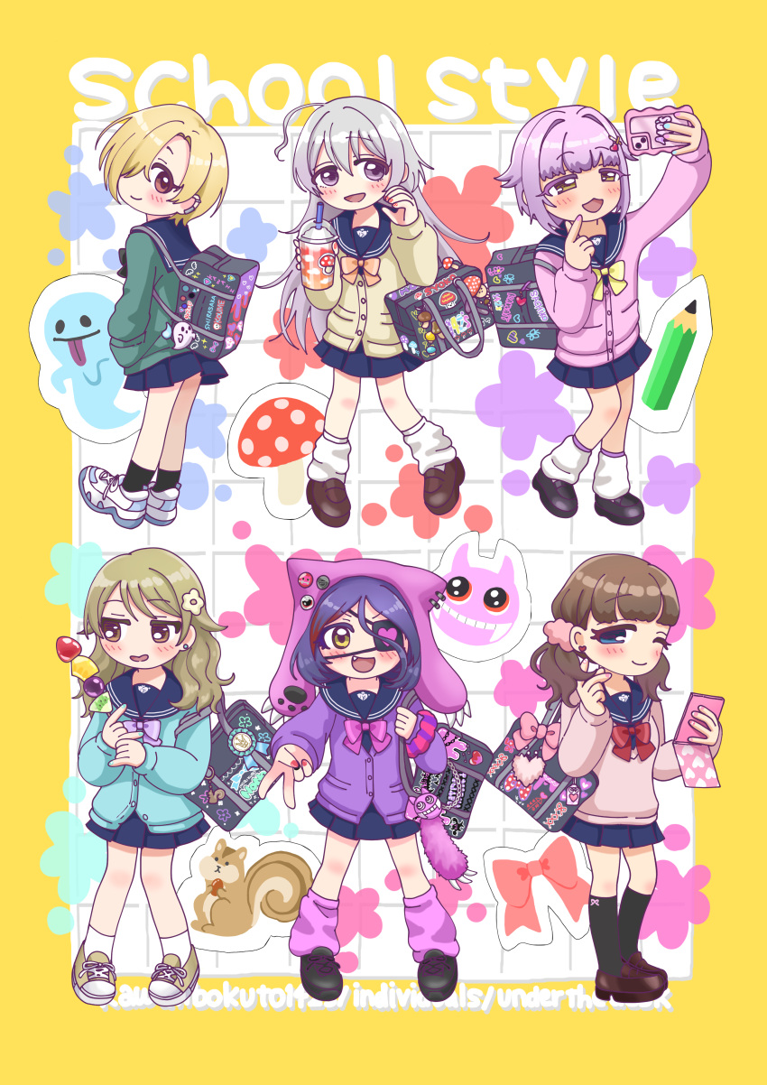 6+girls, :d, ;), absurdres, ahoge, aqua_cardigan, bag, black_socks, blonde_hair, blue_skirt, blush, border, brown_hair, cardigan, cellphone, charm_(object), commentary_request, cup, disposable_cup, eyepatch, fang, full_body, ghost, green_cardigan, grey_hair, gyaru, half-heart_hands, hayasaka_mirei, highres, holding, holding_phone, hoshi_syoko, idolmaster, idolmaster_cinderella_girls, individuals_(idolmaster), kawaii_boku_to_142's_(idolmaster), kinoko_harem_(idolmaster), kogal, koshimizu_sachiko, looking_at_viewer, loose_socks, miniskirt, morikubo_nono, multiple_girls, mushroom, nyachtan_yan, one_eye_closed, pencil, phone, pink_cardigan, pink_sweater, pleated_skirt, purple_cardigan, purple_hair, purple_socks, red_ribbon, ribbon, sakuma_mayu, school_bag, school_uniform, serafuku, shirasaka_koume, shoes, skirt, smile, sneakers, socks, squirrel, sweater, tanghulu, under_the_desk_(idolmaster), v, white_socks, yellow_border, yellow_cardigan