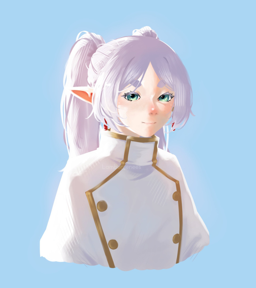 1girl, alternate_costume, artist_name, blue_background, closed_mouth, colored_eyelashes, cropped_torso, earrings