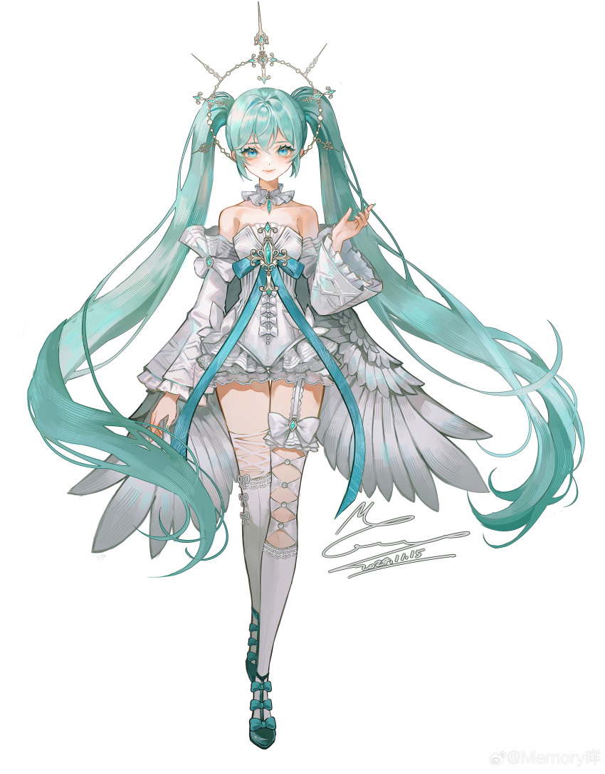 1girl, absurdres, aqua_footwear, aqua_hair, asymmetrical_legwear, blue_bow, blue_eyes, blue_gemstone, bow, bow_button, bow_legwear, chinese_commentary, closed_mouth, clothing_cutout, collar, commentary_request, dated, detached_collar, detached_sleeves, dot_nose, dress, eyelashes, feathered_wings, footwear_bow, frilled_collar, frilled_dress, frilled_sleeves, frills, full_body, gem, grey_wings, halo, halo_behind_head, hand_up, hatsune_miku, hawker_harrier, highres, lace-trimmed_socks, leg_cutout, light_blush, lips, long_hair, long_sleeves, looking_at_viewer, mie_haha, mismatched_legwear, over-kneehighs, pink_lips, ribbed_legwear, shoes, short_dress, signature, simple_background, single_over-kneehigh, single_thighhigh, sleeve_bow, smile, socks, solo, standing, strapless, strapless_dress, tachi-e, thigh-highs, twintails, very_long_hair, vocaloid, weibo_watermark, white_background, white_bow, white_collar, white_dress, white_sleeves, white_socks, wide_sleeves, wings