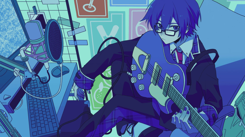 1boy, black-framed_eyewear, blazer, blue_eyes, blue_hair, blue_nails, chair, closed_mouth, collared_shirt, commentary, computer_keyboard, computer_mouse, electric_guitar, guitar, hair_between_eyes, highres, holding, holding_instrument, instrument, jacket, kaito, kaito_(vocaloid), leo/need_kaito, long_sleeves, looking_at_viewer, male_focus, microphone, necktie, on_chair, overdose_(natori), pink_necktie, plaid_clothes, plaid_collar, plaid_trim, pop_filter, poster_(object), project_sekai, school_uniform, shirt, short_hair, sitting, solo, swivel_chair, symbol-only_commentary, vb4but, vocaloid, white_shirt