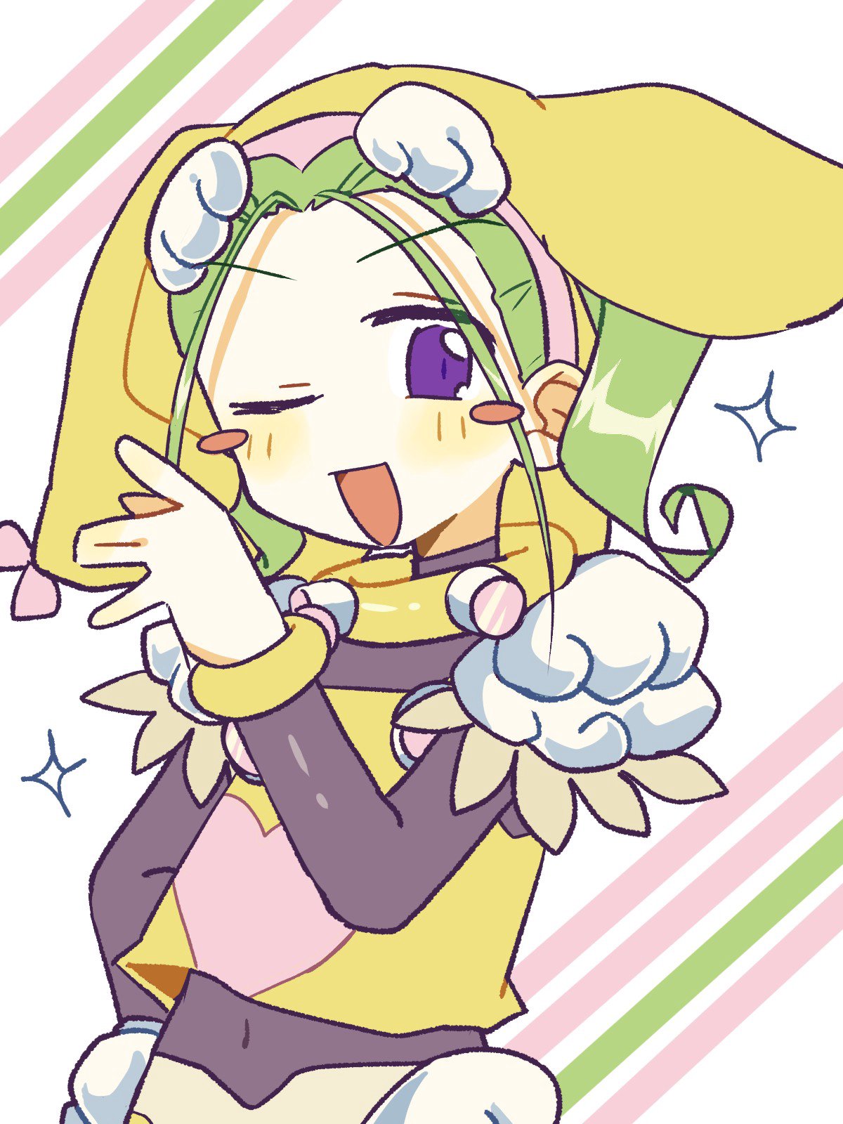 1girl, ;d, blush_stickers, covered_navel, green_hair, hairband, hat, highres