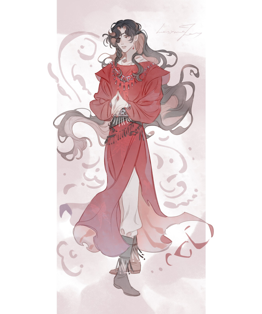 abstract_background, absurdres, belt, bishounen, black_eyes, black_hair, border, chinese_clothes