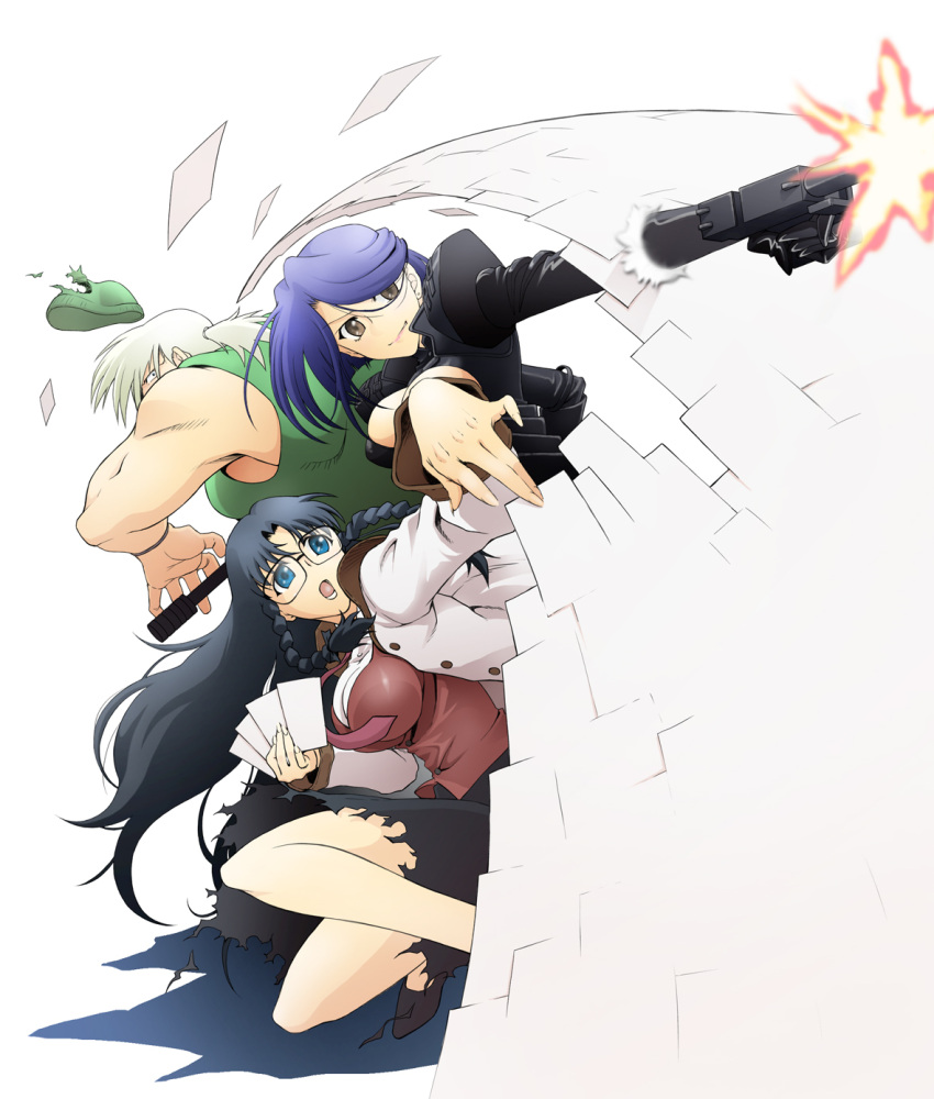blue_eyes, blue_hair, braid, brown_eyes, drake_(read_or_die), drake_anderson, flying_paper, glasses