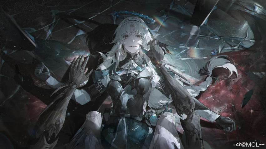 1girl, 1other, absurdres, bianca:_stigmata_(exorcist)_(pgr), bianca_(pgr), black_gloves, black_shirt, blue_halo