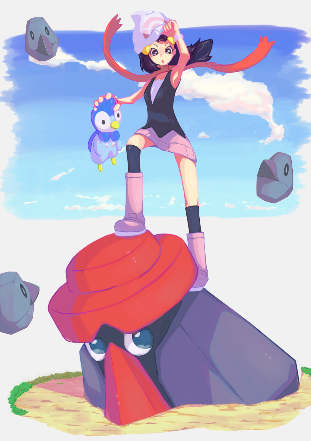1girl, black_eyes, black_shirt, black_socks, clouds, full_body, hat, highres